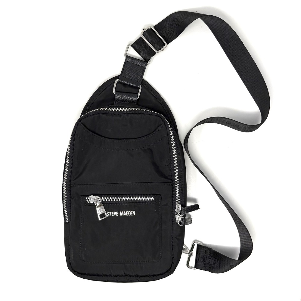 Steve Madden Black Nylon Sling Bag Crossbody Backpack Silver Hardware